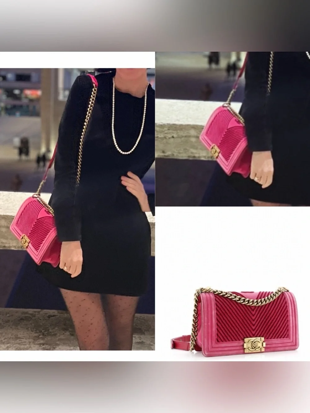 Chanel Boy Flap Bag in pink velvet with chevron quilting and gold-tone hardware.